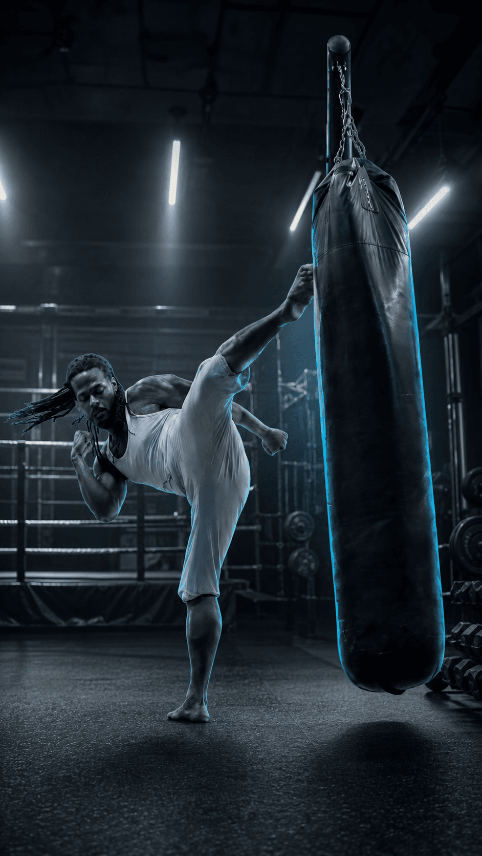 Royon throwing a high kick into a heavy bag