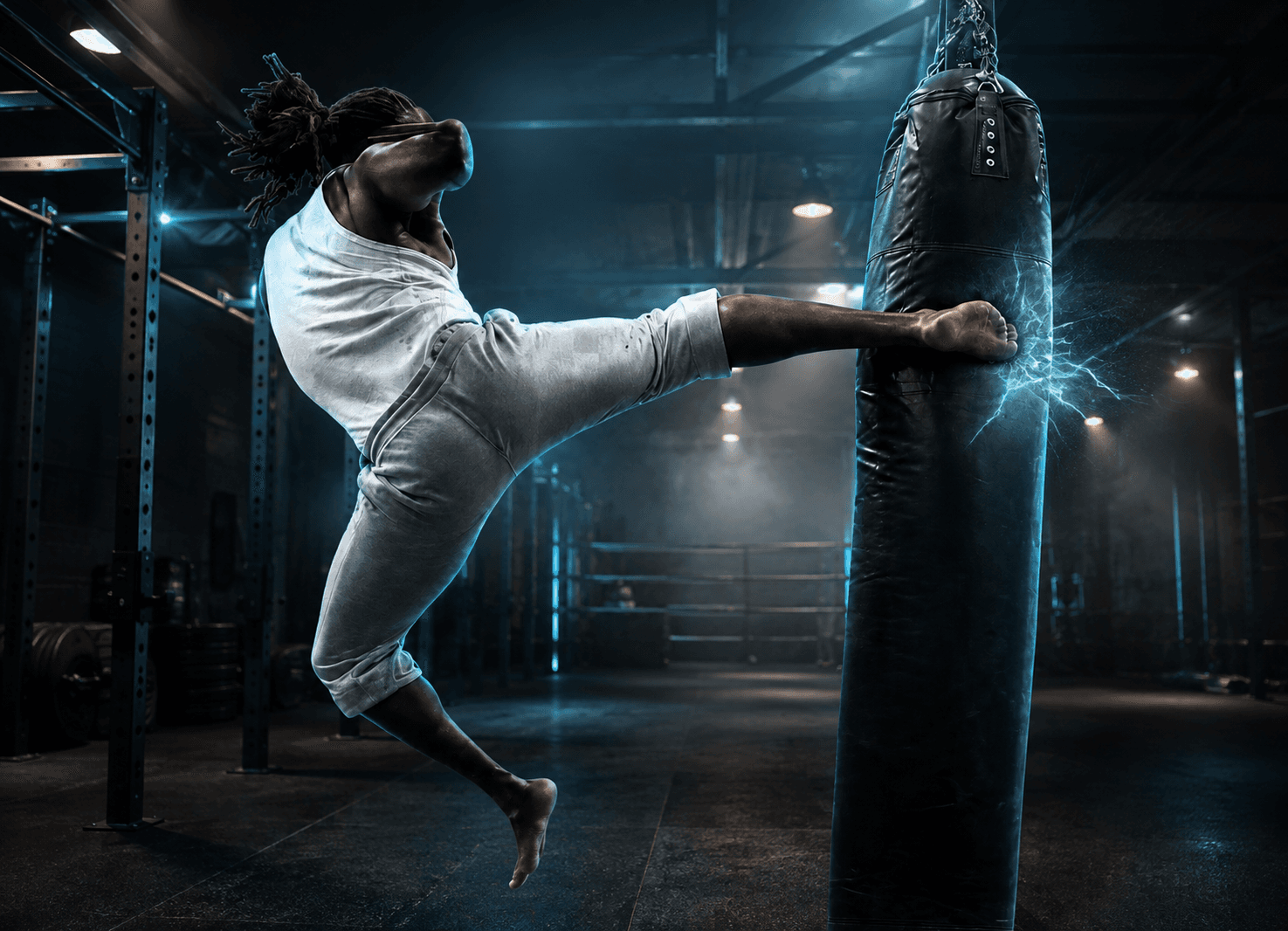 Royon airborne, delivering a side kick to a heavy bag